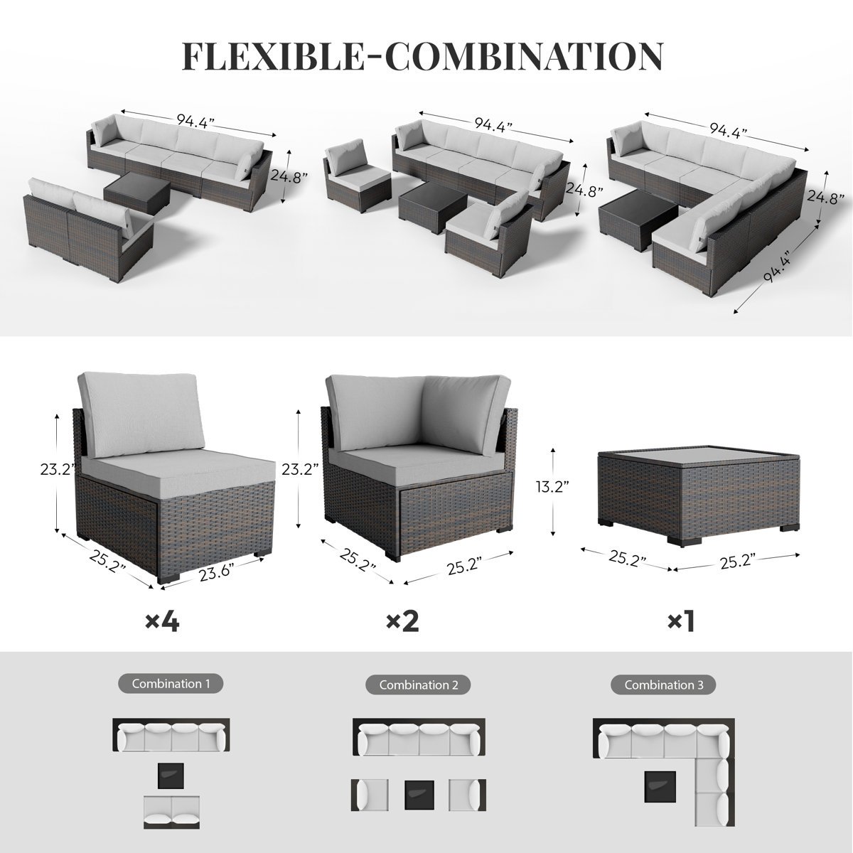 7-piece patio wicker rattan sectional sofa dimensions